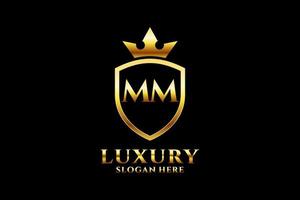 logotipo de monograma de luxo elegante inicial mm ou modelo de crachá com pergaminhos e coroa real - perfeito para projetos de marca luxuosos vetor