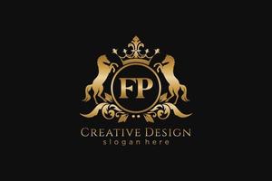 crista dourada retrô inicial fp com círculo e dois cavalos, modelo de crachá com pergaminhos e coroa real - perfeito para projetos de marca luxuosos vetor