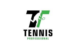 letra t com design de logotipo de silhueta de jogador de tênis. elementos de modelo de design vetorial para equipe esportiva ou identidade corporativa. vetor