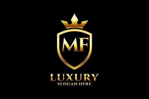 logotipo de monograma de luxo elegante inicial mf ou modelo de crachá com pergaminhos e coroa real - perfeito para projetos de marca luxuosos vetor