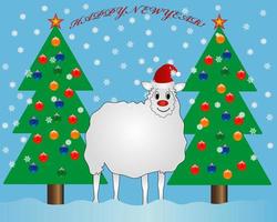 ovelhas de ano novo com brinquedos de abeto e flocos de neve vetor