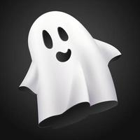 fantasma branco, fantasma isolado no fundo preto. traje assustador bonito de halloween de monstro, espírito engraçado ou poltergeist voando na noite. ilustração em vetor 3D realista.