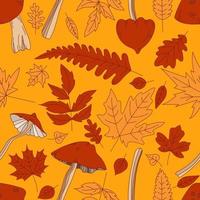 padrão sem emenda. vetor de linha desenhada à mão vários tipos de cogumelos e folhas de outono carvalho, bordo, bétula, folhagem laranja, amarelo e vermelho. ilustração de folha de outono. projeto plano. textura de fundo.