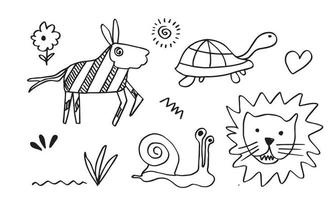 conjunto de vetores de estilo de desenhos.doodle de crianças. ideal para decoração infantil. animal estilo diferente.