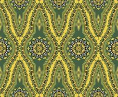 étnico oeste africano dashiki colorido verde abstrato forma floral padrão sem emenda sobre fundo amarelo. uso para tecido, têxtil, elementos de decoração de interiores, estofados, embrulhos. vetor