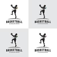 conjunto de design de logotipo de silhueta de chama de slam dunk de basquete vetor