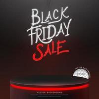 pódio de venda sexta-feira negra com letras neon 3d realistas em fundo preto. ilustração vetorial vetor