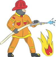 bombeiro com uniforme laranja e mangueira vetor