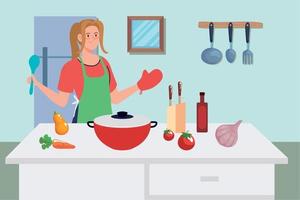 mulher cozinhando na cozinha vetor