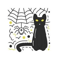 gato misterioso com olhos amarelos olhando isolados no branco. design de conceito texturizado de símbolos tradicionais de halloween. gatinho preto sentado ao lado de aranha e teia de aranha. ilustração vetorial plana desenhada à mão vetor