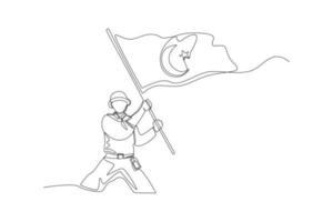 único soldado turco de desenho de linha segurando a bandeira da turquia. conceito de dia da república da turquia. linha contínua desenhar design gráfico ilustração vetorial. vetor