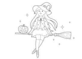 bruxa fofa de halloween voando na vassoura. ilustração vetorial preto e branco para livro de colorir vetor