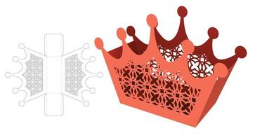 caixa de recipiente em forma de coroa com modelo de corte e vinco de padrão estampado e maquete 3d vetor