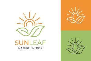 símbolo de ícone de logotipo de sol de folha ecológica para estilo de arte de linha de produtos frescos naturais de fazenda verde orgânica vetor