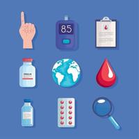nove ícones do dia mundial do diabetes vetor