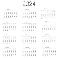Modelo de ano civil de 2024. ilustração vetorial do calendário anual 2024, grade de 12 meses, semana começa no domingo. vetor
