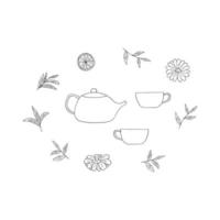 xícaras e bules conjunto desenhados à mão em estilo doodle. vetor, minimalismo, monocromático, escandinavo. ícone, adesivo vetor