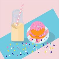 lanche doce. composição de uma garrafa de milk-shake e deliciosos donuts. ilustração em vetor plana.