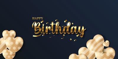 fundo de feliz aniversário com letras de ouro 3d e forma de coração dourado em fundo preto vetor