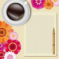 xícara de café, flores, caneta e papel em uma mesa de madeira. cartão floral. vector design plano leigo.