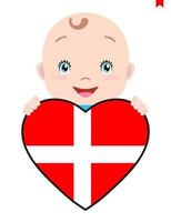 rosto sorridente de uma criança, um bebê e uma bandeira da Dinamarca em forma de coração. símbolo de patriotismo, independência, viagens, emblema do amor. vetor