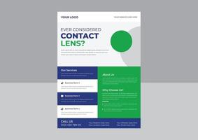 modelo de folheto de lentes de contato, folheto de teste de olhos ópticos, banner de publicidade de lentes de contato, lentes de contato e cuidados de saúde ocular. vetor