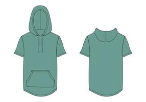 hoodie técnica de moda plana esboço ilustração vetorial verde modelo de cor vista frontal e traseira. vetor