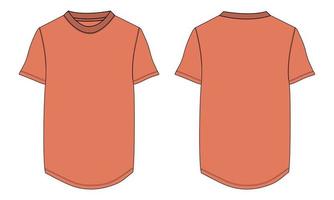 camiseta de manga curta técnica de moda plana esboço ilustração vetorial modelo de cor laranja vistas frontal e traseira. cartão de maquete de design de vestuário edição fácil e personalizável vetor