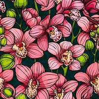 orquídeas cor de rosa sobre fundo verde, padrão de vetor sem costura. ilustração desenhada à mão. flores tropicais exóticas