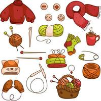 conjunto de elementos de tricô aconchegante. ilustração vetorial, elementos de bordado, fios, agulhas de tricô, coisas de malha vetor