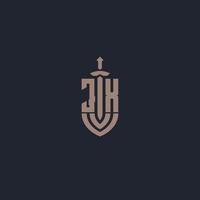 monograma de logotipo jx com modelo de design de estilo de espada e escudo vetor