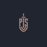 monograma de logotipo ps com modelo de design de estilo de espada e escudo vetor