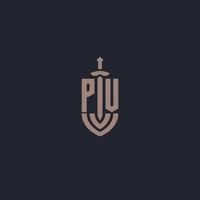 monograma de logotipo pv com modelo de design de estilo de espada e escudo vetor
