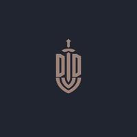 monograma de logotipo dd com modelo de design de estilo de espada e escudo vetor