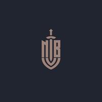 monograma de logotipo nb com modelo de design de estilo de espada e escudo vetor