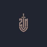 monograma de logotipo zn com modelo de design de estilo de espada e escudo vetor