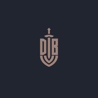 monograma de logotipo db com modelo de design de estilo de espada e escudo vetor