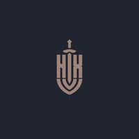 monograma de logotipo hx com modelo de design de estilo de espada e escudo vetor