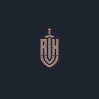 monograma de logotipo rx com modelo de design de estilo de espada e escudo vetor