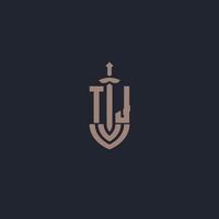 monograma de logotipo tj com modelo de design de estilo de espada e escudo vetor