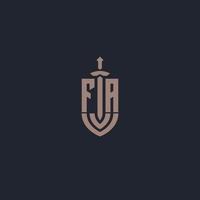 monograma de logotipo fa com modelo de design de estilo de espada e escudo vetor