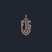 monograma de logotipo fg com modelo de design de estilo de espada e escudo vetor