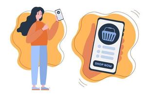 conceito de compras on-line. compras online. uma mulher com um telefone nas mãos compra na internet. estilo plano. ilustração vetorial. vetor