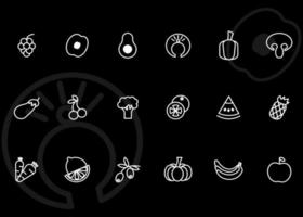 planos, ícones de contorno de frutas e legumes em um fundo preto no estilo de um padrão vetor
