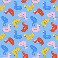 padrão de verão sem costura com flamingos de borracha infláveis coloridos em cores azuis, vermelhas, rosa, amarelas brilhantes em estilo simples. para impressão, pacote, invólucro, plano de fundo. vetor