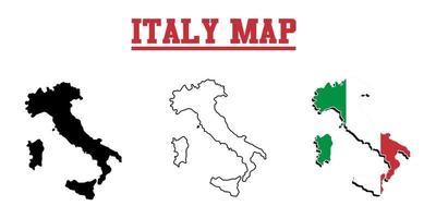 mapa vetorial da itália com cor preta sólida, contorno e cores da bandeira do país da itália vetor