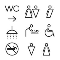 wc de orientação. banheiro delineado conjunto de ícones lineares. banheiro masculino, feminino, deficiente, transgênero, quarto de bebê, banheiro, não fumante. ilustração vetorial. vetor