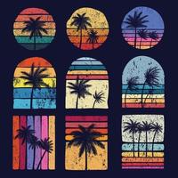 ilustração vetorial de coleção de conjunto de silhueta de palmeira retrô por do sol grunge vetor