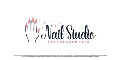 design de logotipo de estúdio de esmaltes para salão de beleza com mão de mulher e vetor premium de conceito criativo