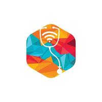 design de ícone de logotipo médico wi-fi estetoscópio. estetoscópio com ícone de sinais wifi. vetor